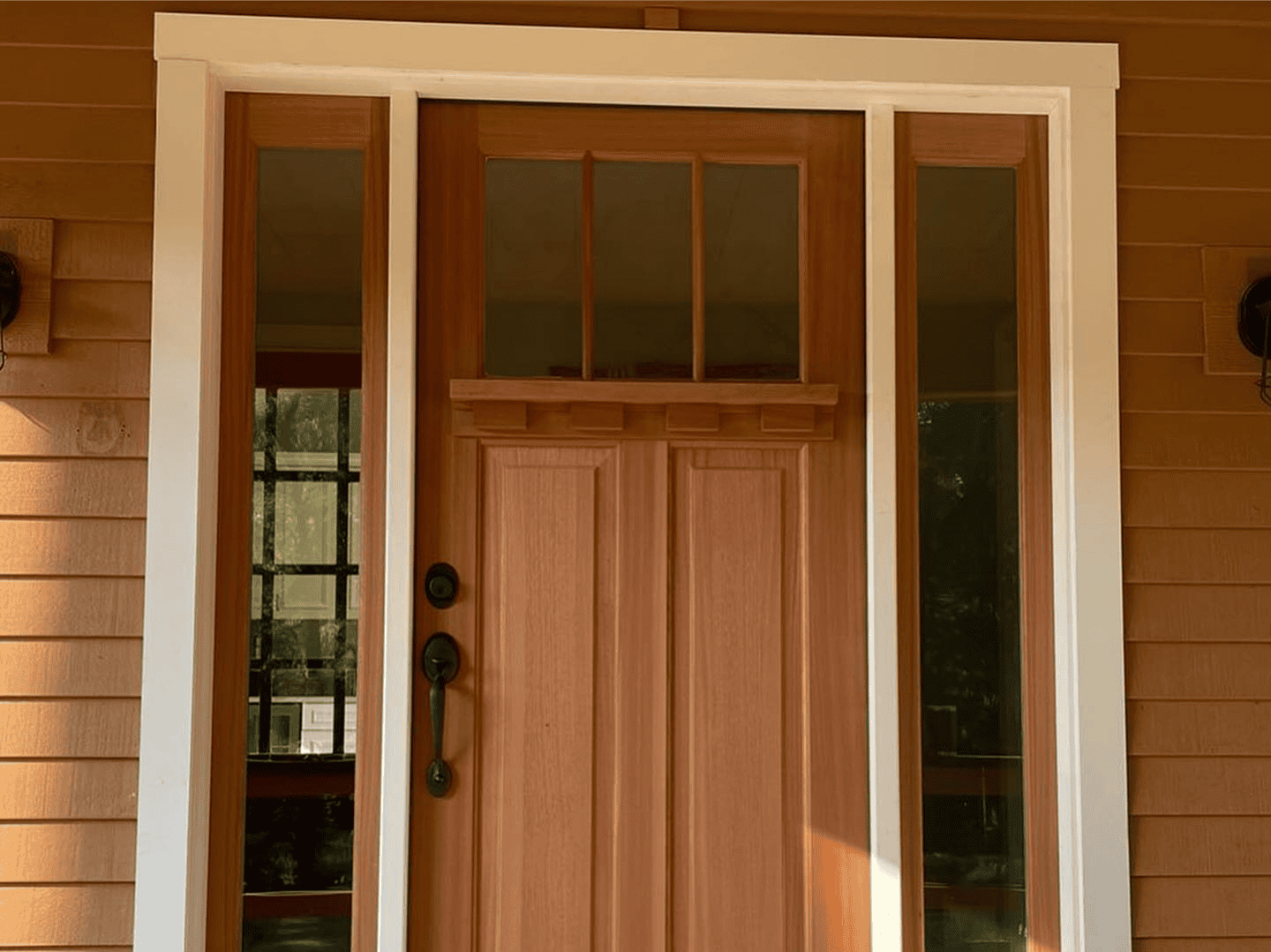 Front Door with Glass Panel Front door with glass panel and wooden frame, modern residential entrance.