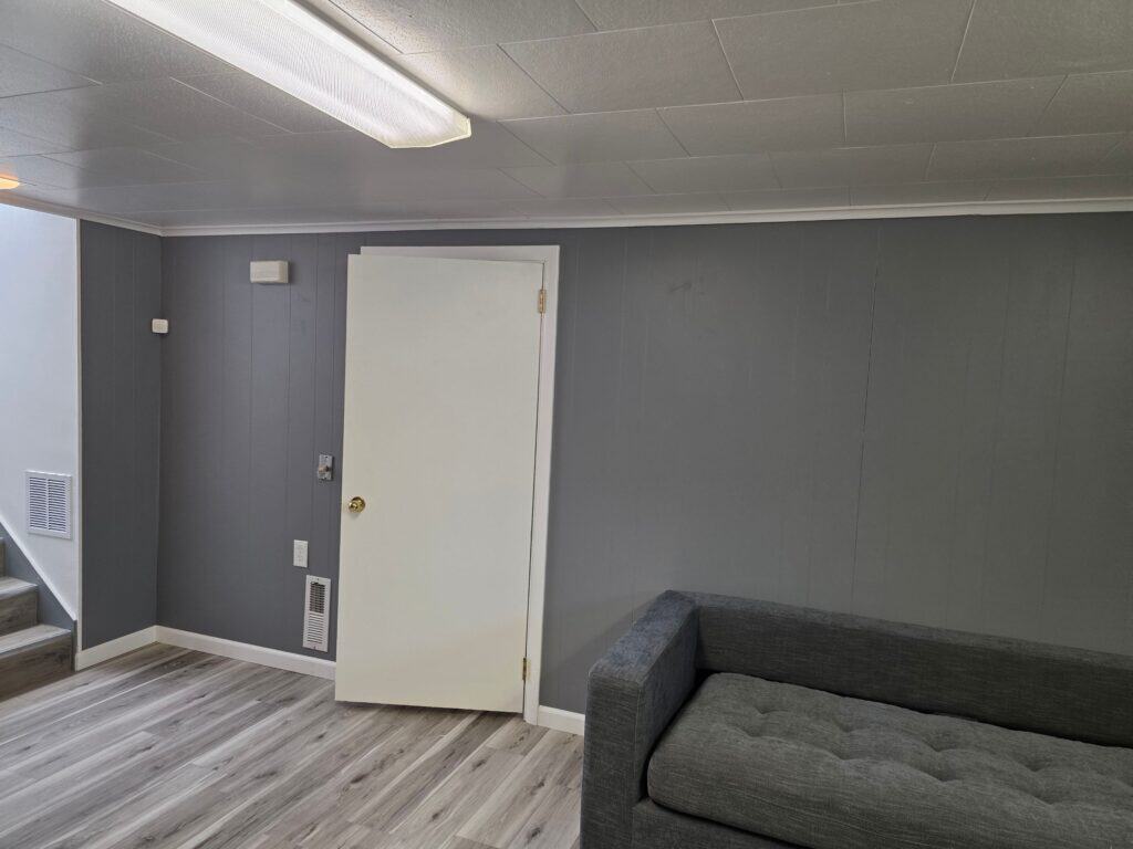 Interior Renovation Space Interior renovation of a modern basement with gray walls and wood flooring.