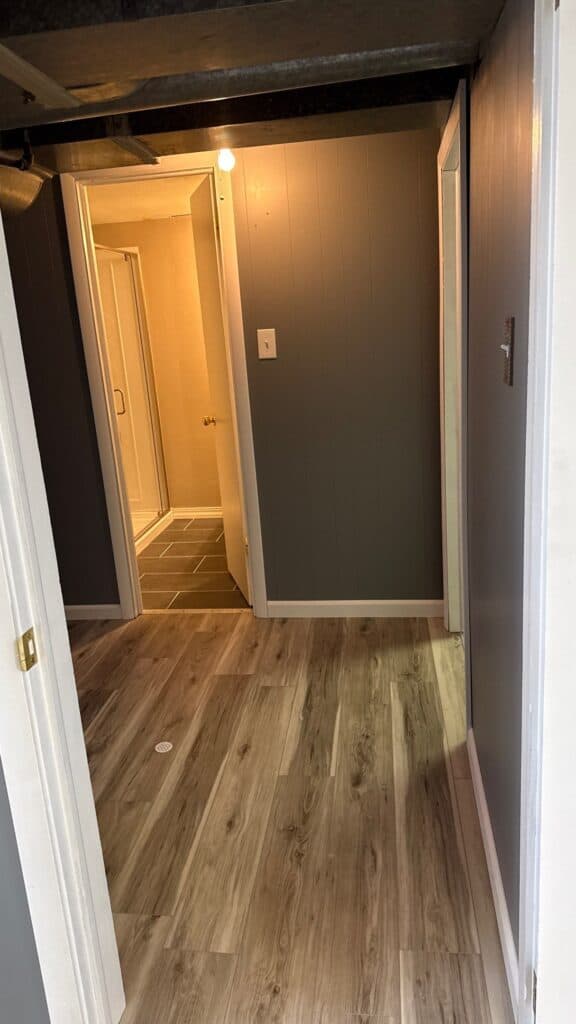 Modern Interior Hallway Interior hallway with modern gray walls and wood flooring, leading to a bathroom.