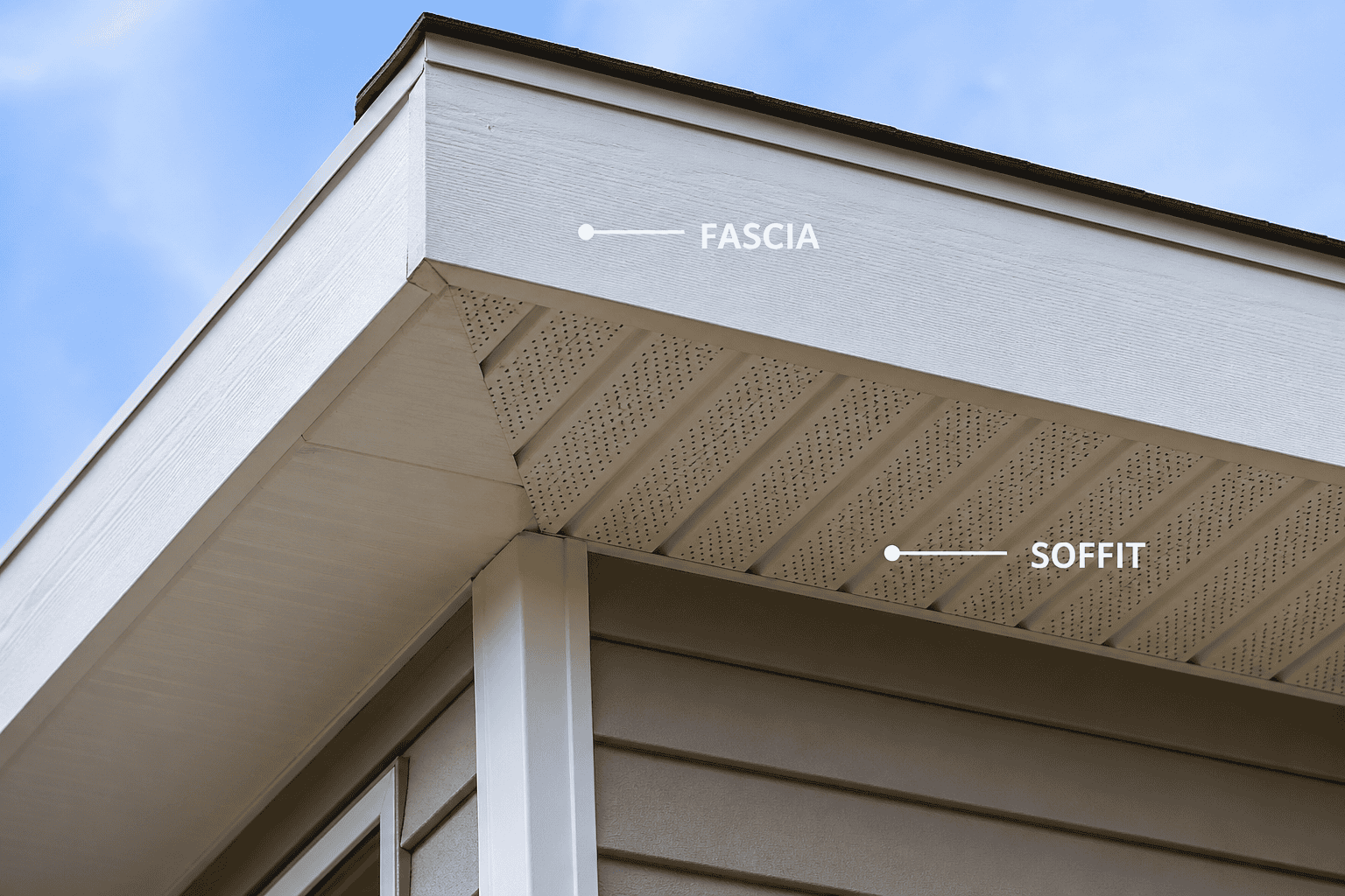 Close-up of house fascia and soffit with labels highlighting construction details.
