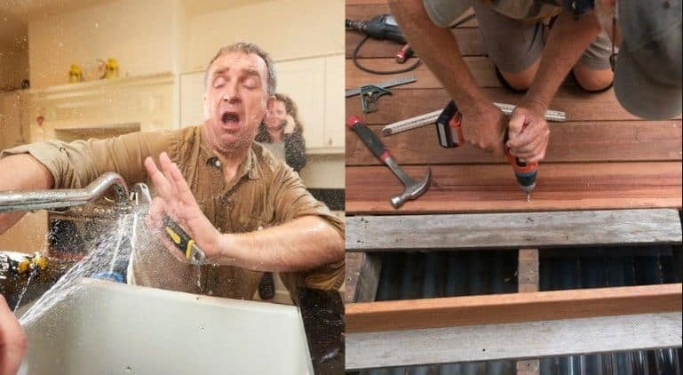 Construction worker using a power drill on wooden beams.