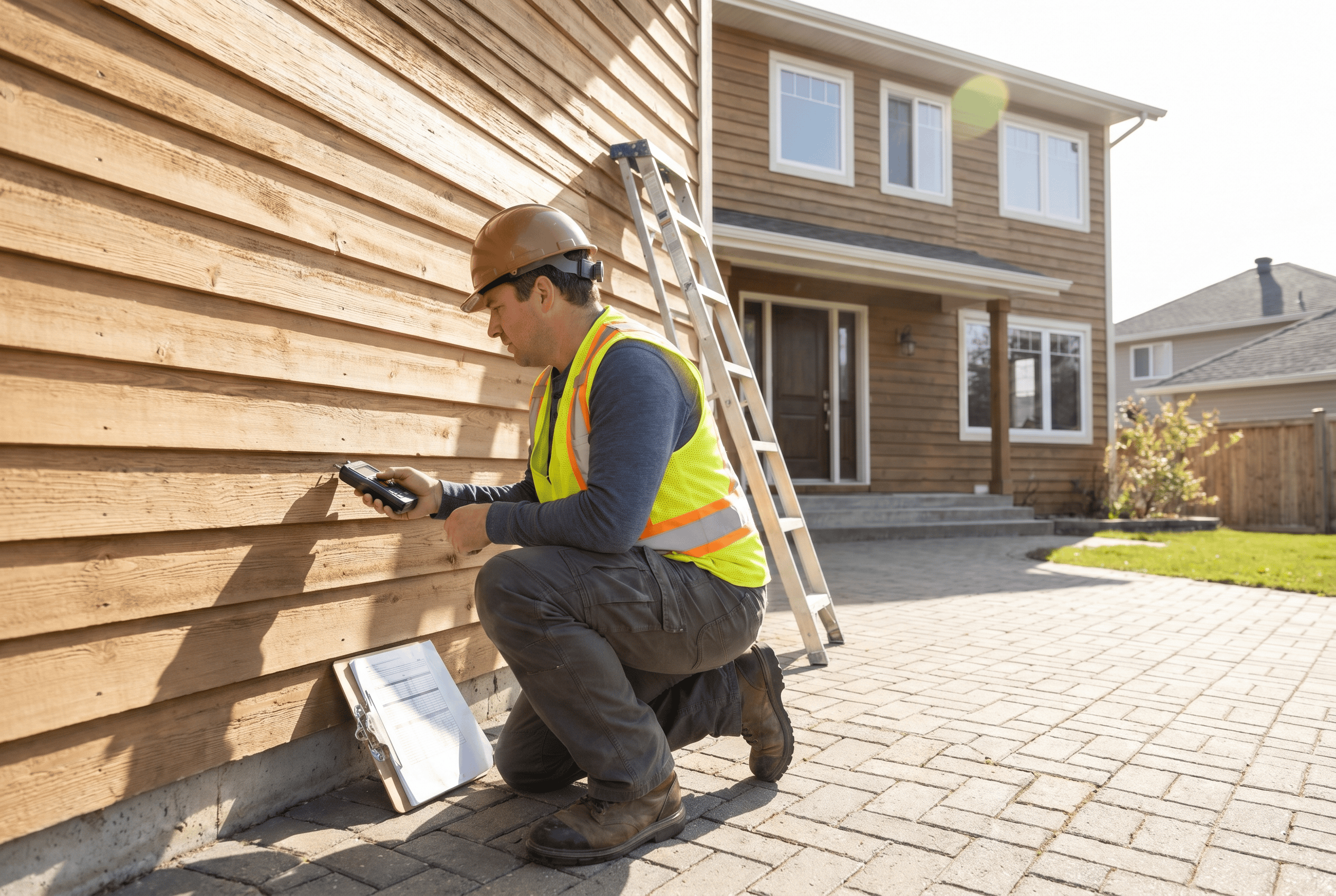 Contractor inspecting the wooden exterior of a house with a smartphone.