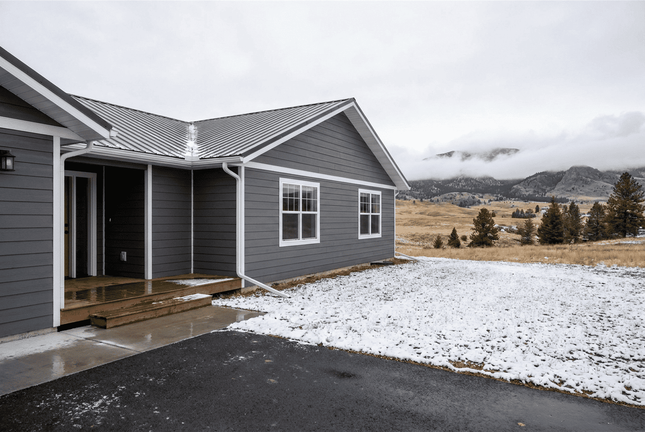 Newly built modern home with gray siding and mountain view in the background.