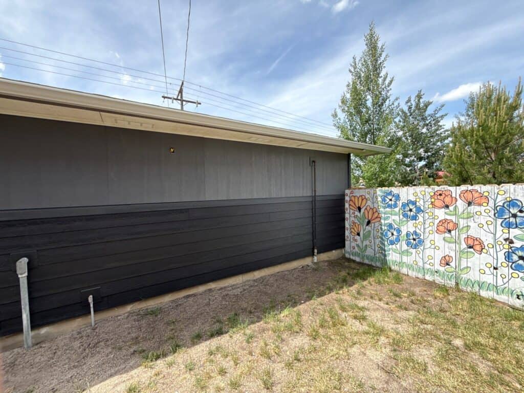 Colorful floral mural painted on backyard fence for aesthetic appeal.