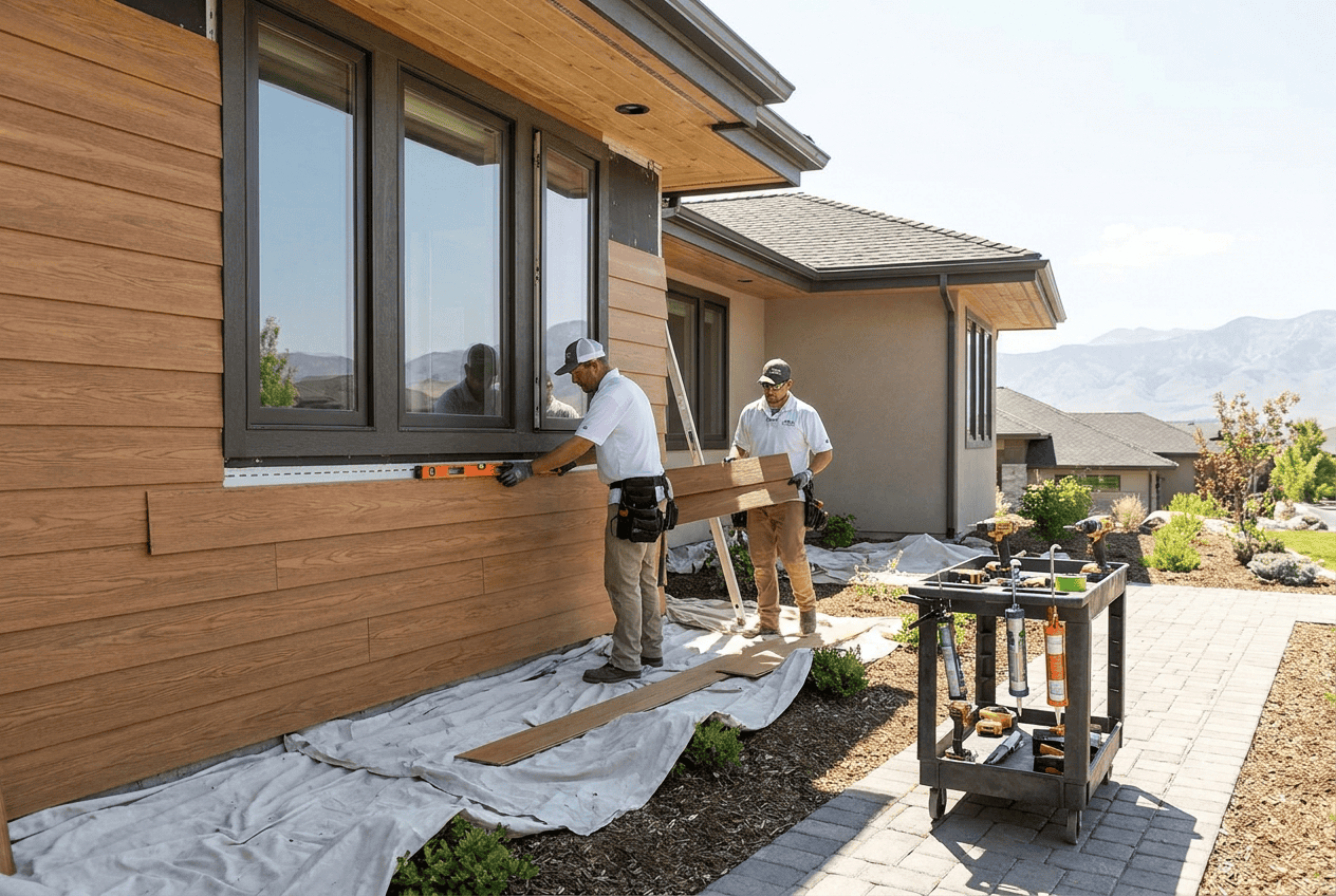 Construction workers installing siding on a modern house exterior.