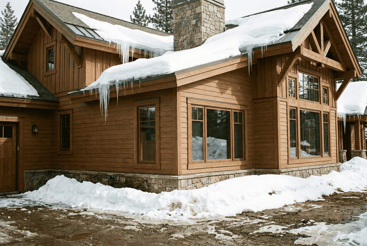 Wooden cabin with snow and icicles in a winter landscape.