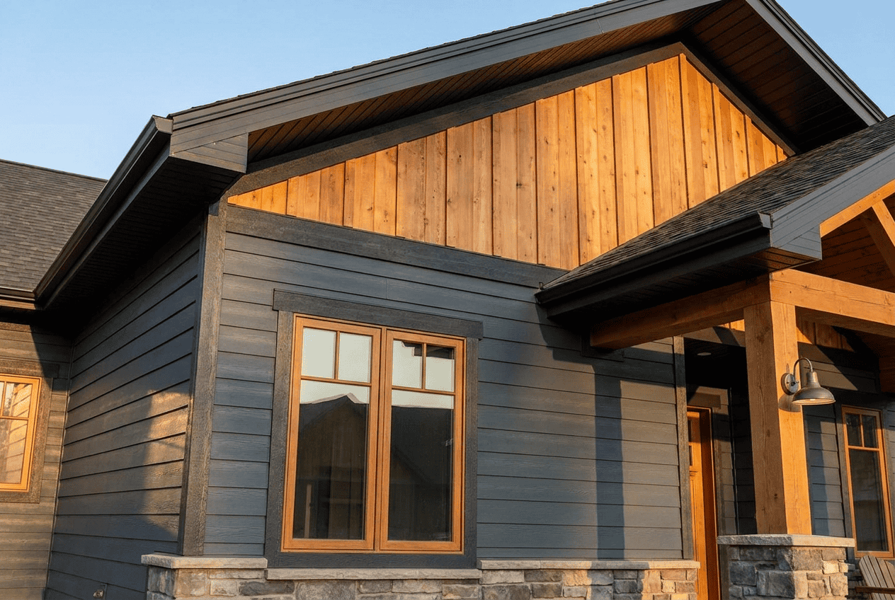 Contemporary house with blue siding, wooden accents, and large windows.