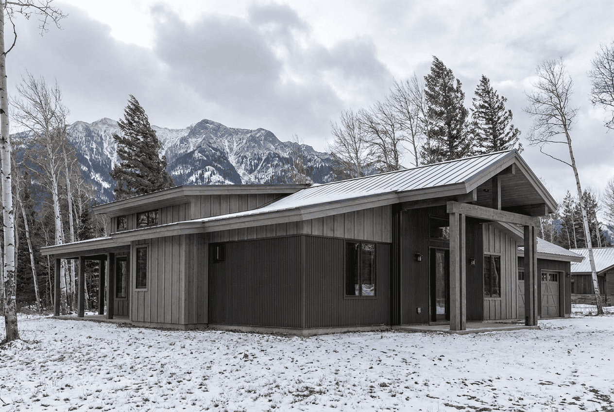 Contemporary mountain home with dark exterior and large windows in snowy landscape.